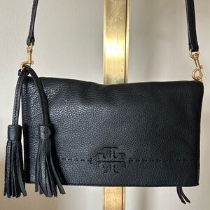 Tory Burch “McGraw” Crossbody Fold-over Bag | Black Pebbled Leather